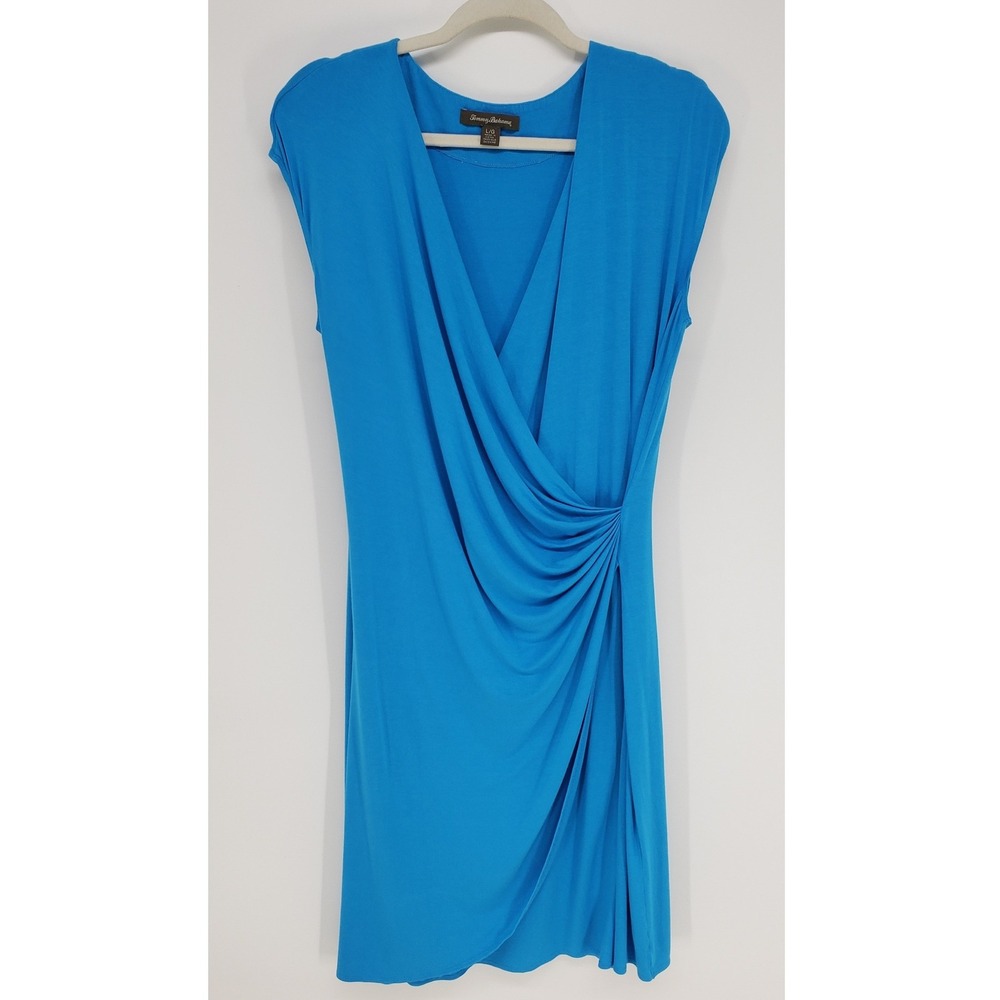 Tommy Bahama Faux Wrap Dress Womens Large Bright Blue Sleeveless V-Neck Ruched‎